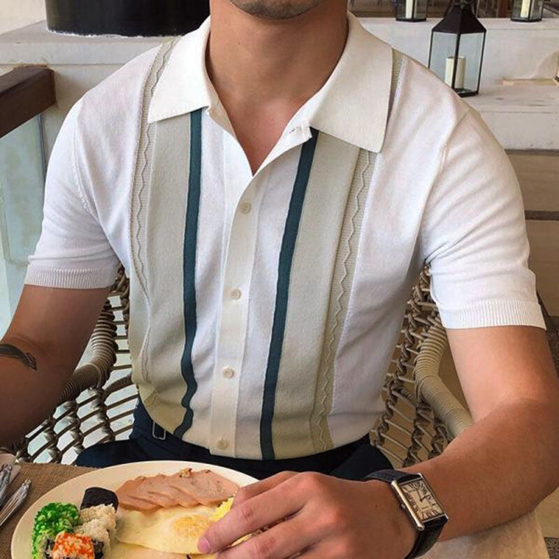 Summer Men's Knit Polo Shirt - Striped Casual Style