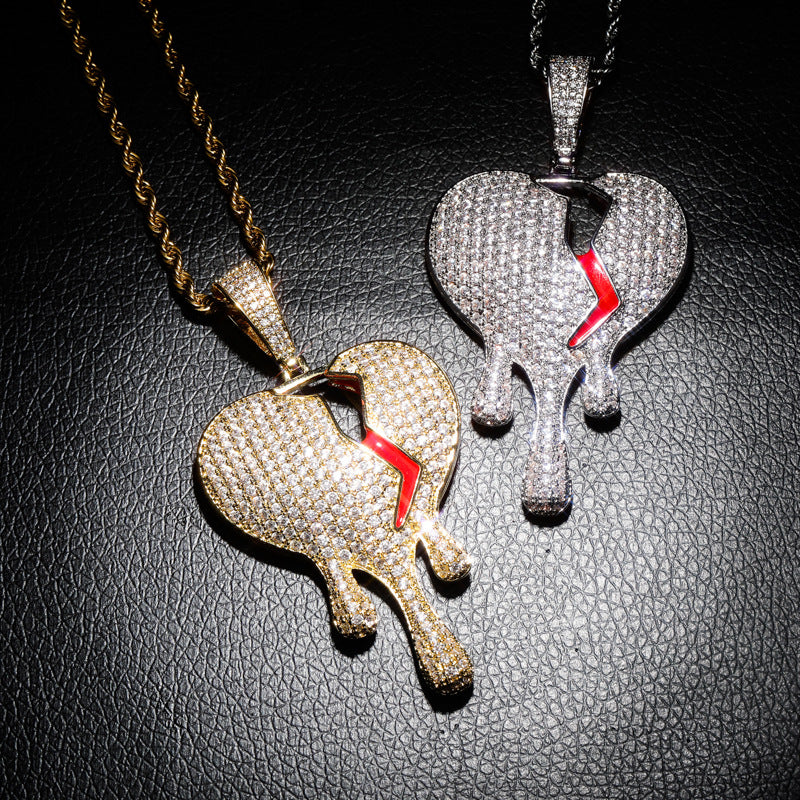 Broke Heart Hip-Hop Pendant Necklace with Zirconia