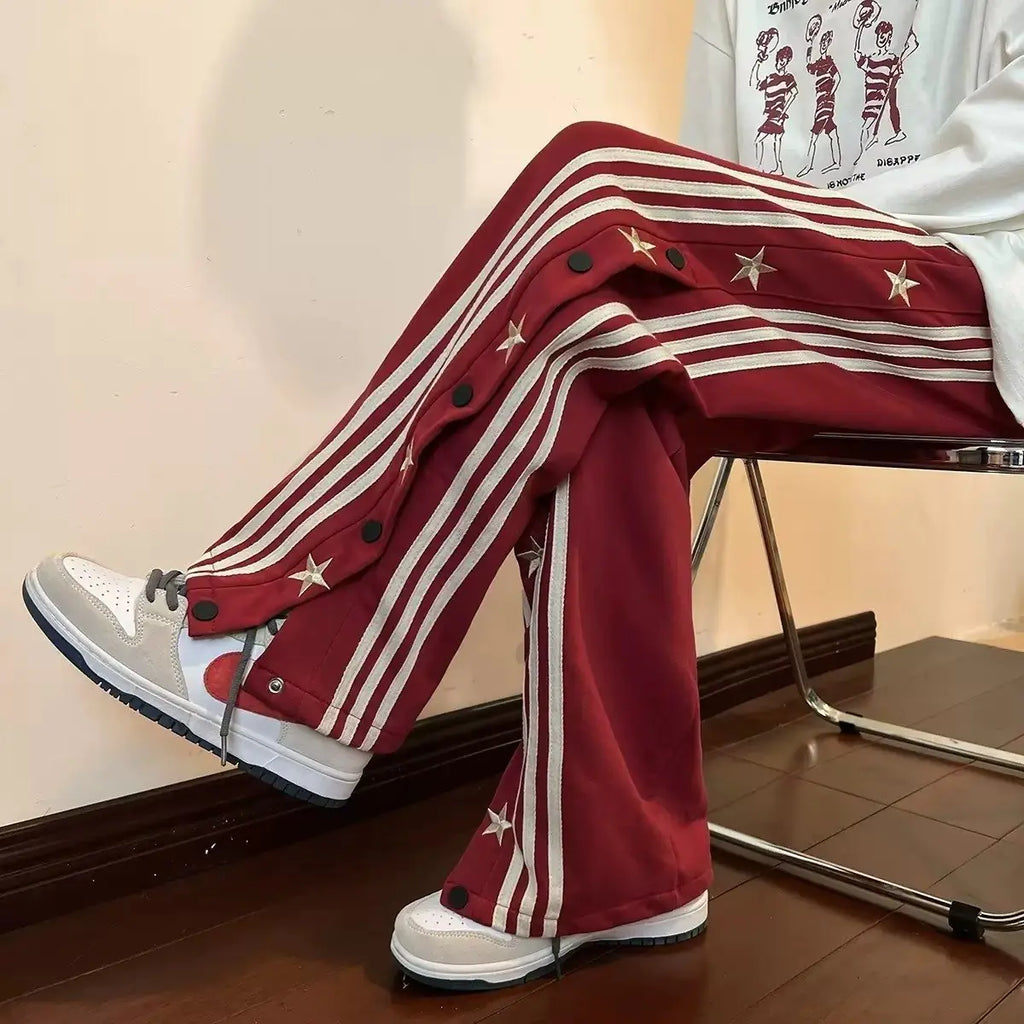 Red Button Casual Loose Fit Striped Pants for Men