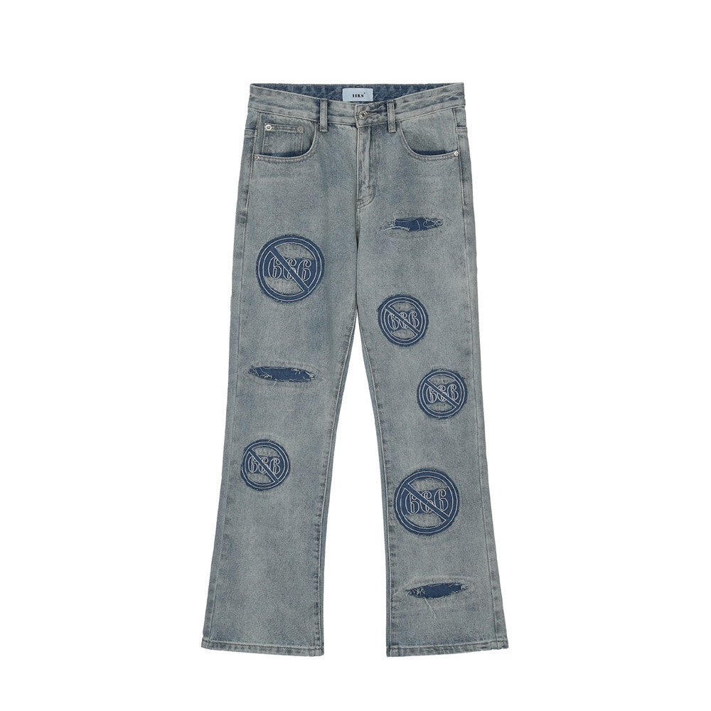 Men's Distressed Washed Embroidered Loose Jeans