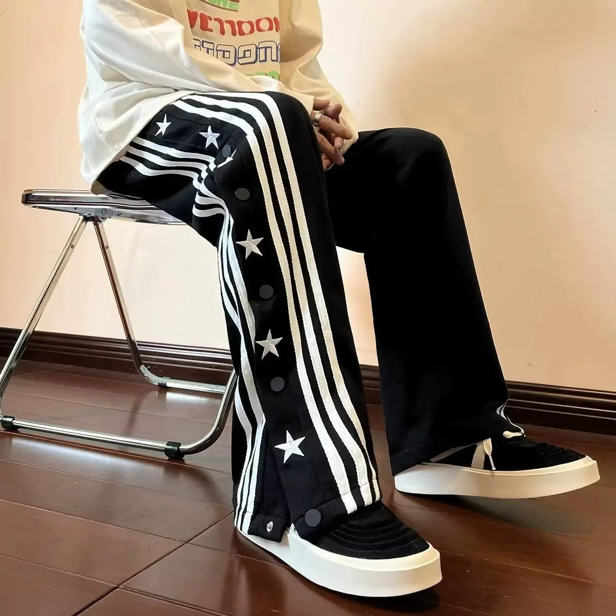 Red Button Casual Loose Fit Striped Pants for Men