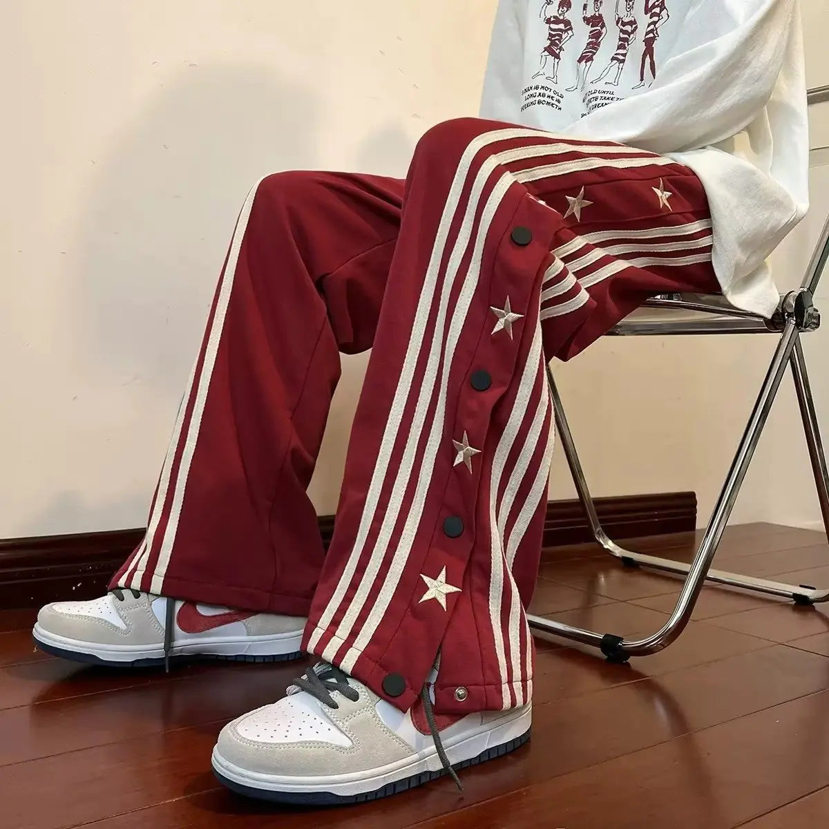 Red Button Casual Loose Fit Striped Pants for Men