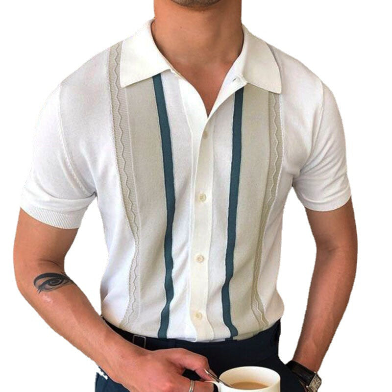 Summer Men's Knit Polo Shirt - Striped Casual Style