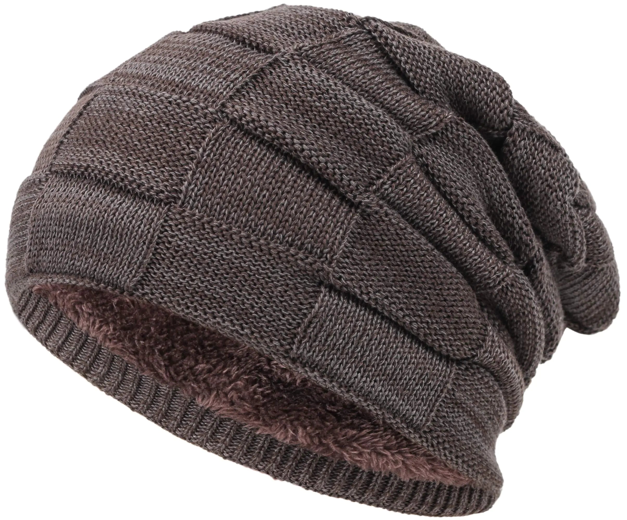EASTER BARTHE Brown Winter Beanie Men Brown Knitted Hat Fleece Lined Beanie Knit Hat Winter Slouchy Beanie for Men Oversized Stocking Cap Brown Fleece Lined Beanie