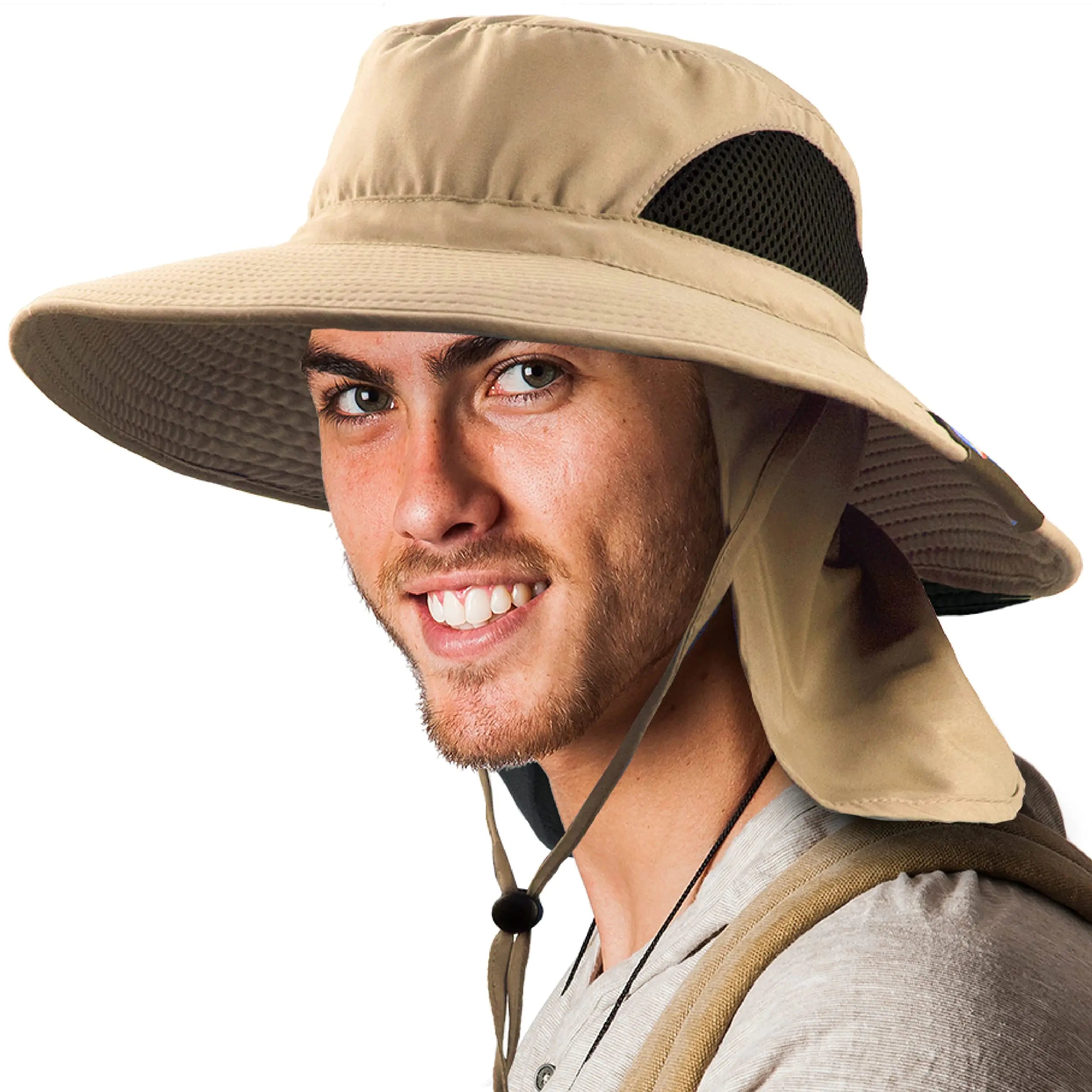 SUN CUBE Fishing Hat Sun Hat for Men Women Hiking Sun Hat with Neck Flap Wide Brim Chin Strap Safari Summer Bucket Boonie Hat UPF 50+ Outdoor Protection Packable Breathable Mesh (Tan)