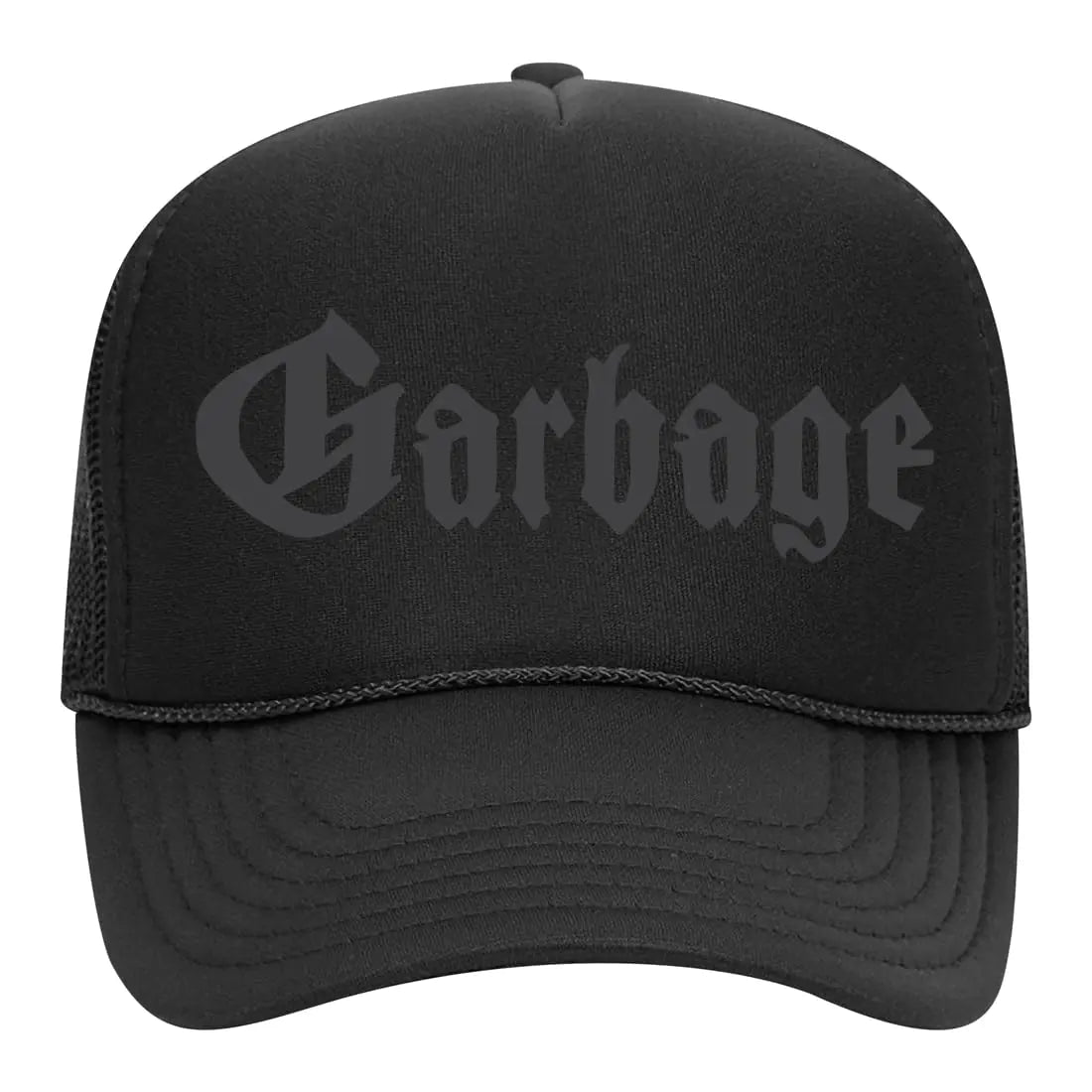 Garbage Gothic Font Dark MAGA Logo | Donald Trump Elon GOP Republican Butler PA Rally Quote 2024 USA Free Speech Gift for Republican Political Foam Mesh Back Trucker Hat for Men and Women Black