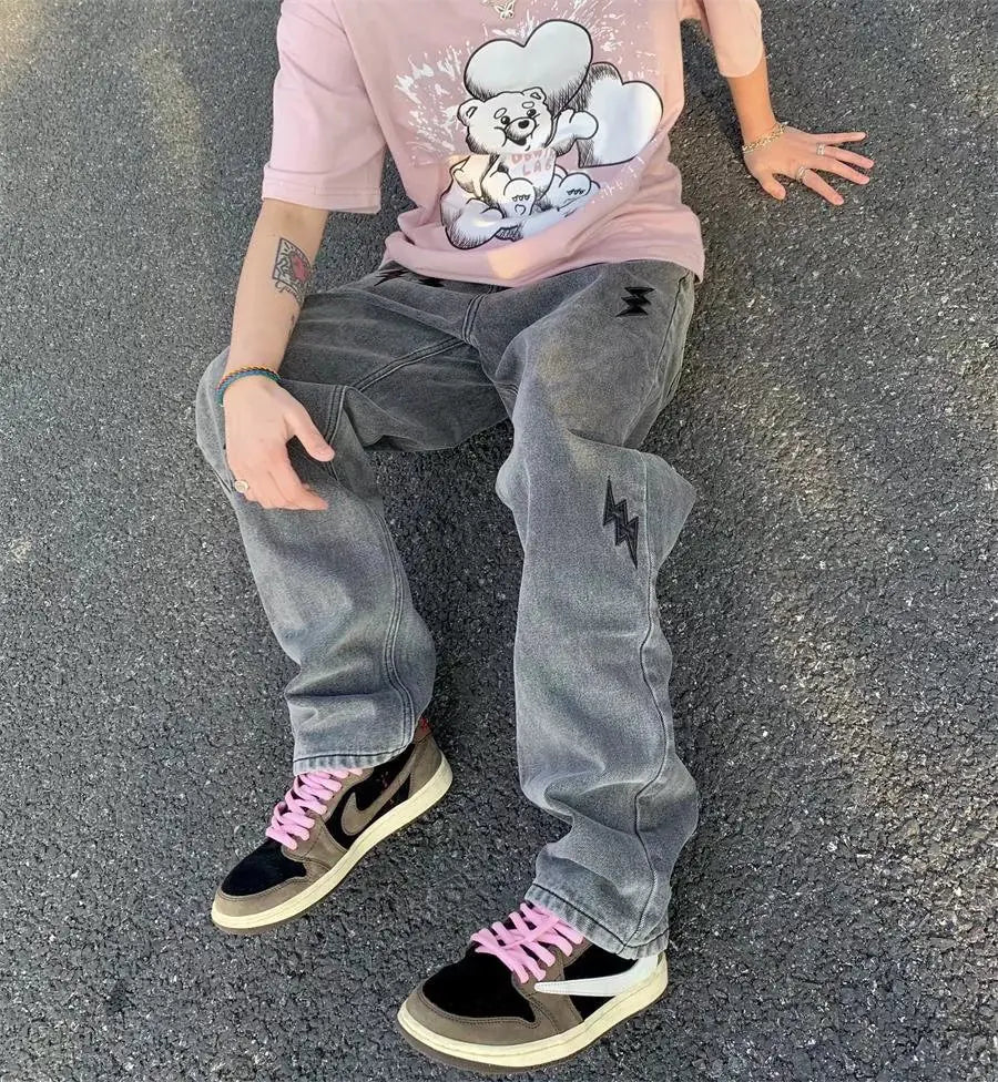 Lightning Embroidered Distressed Straight Jeans for Men